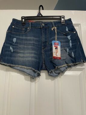 Levi's Dark Blue Distressed Frayed Hem Denim Shorts